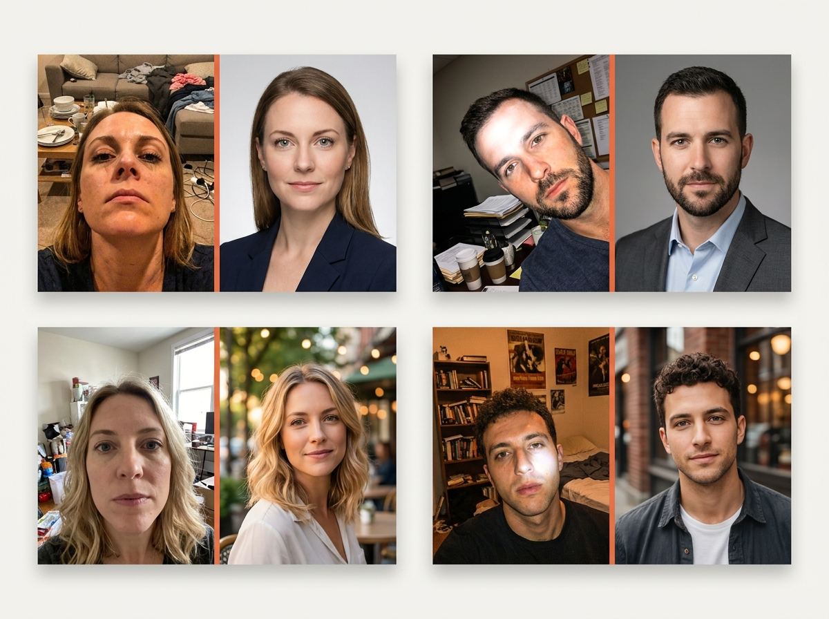 Four before-and-after headshots: people photographed on their phones in a messy living room, a cluttered office, a bedroom, and a dorm are turned into polished professional portraits on clean studio and soft city backgrounds.