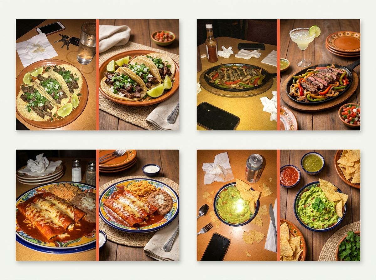 Four before-and-after pairs of Mexican dishes: street tacos, sizzling fajitas, enchiladas, and guacamole with chips — clutter removed, plating tidied, and color warmed.