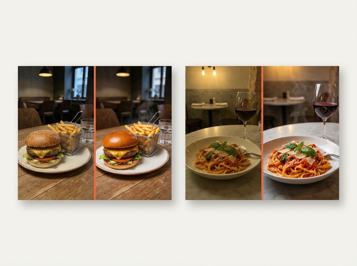 Before and after: a cheeseburger with fries and a bowl of pasta, relit and cleaned up against a warm restaurant backdrop.