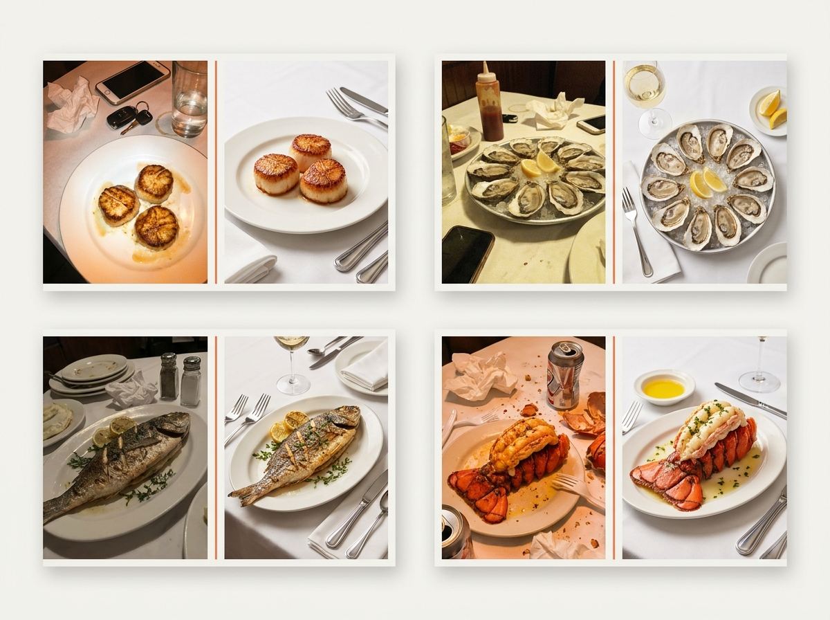 Four before-and-after pairs of seafood: seared scallops, oysters on ice, a whole grilled fish, and lobster tails, plated like a professional shoot.