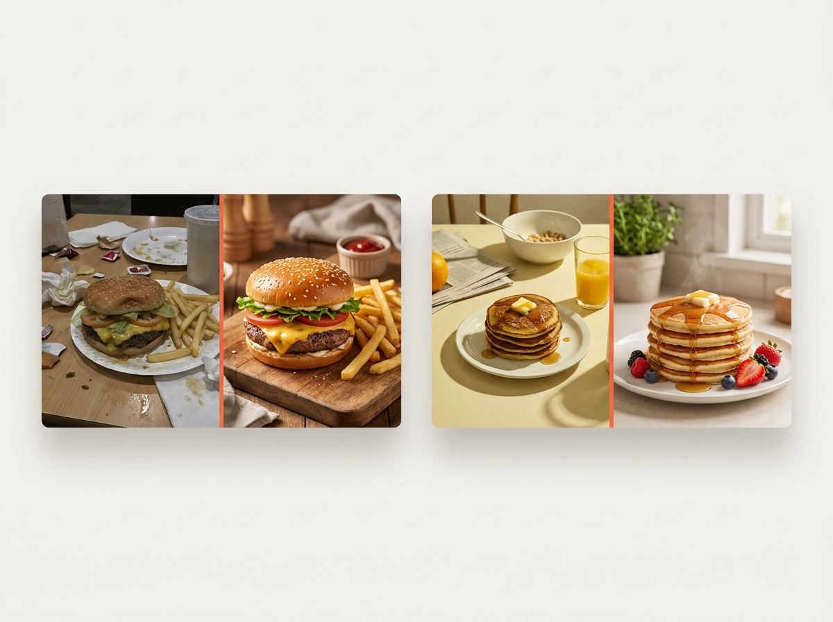 Before and after: a cheeseburger and a stack of pancakes, brightened and sharpened.