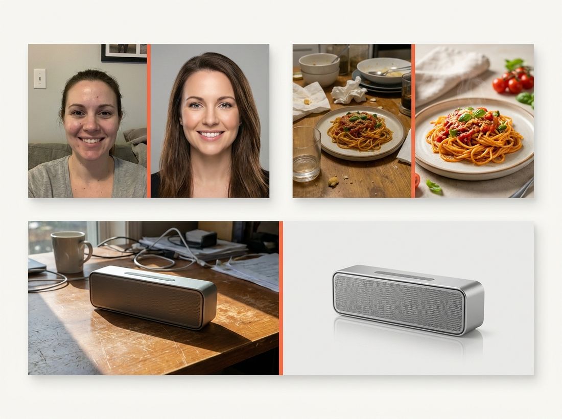 Before-and-after image enhancement examples: a portrait, a plate of pasta, and a product speaker, each transformed from an everyday phone photo into a polished, professional-grade image.